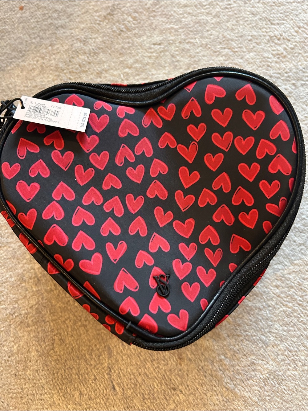 Heart-Shaped Cosmetic Case with Red Hearts on Black NWT